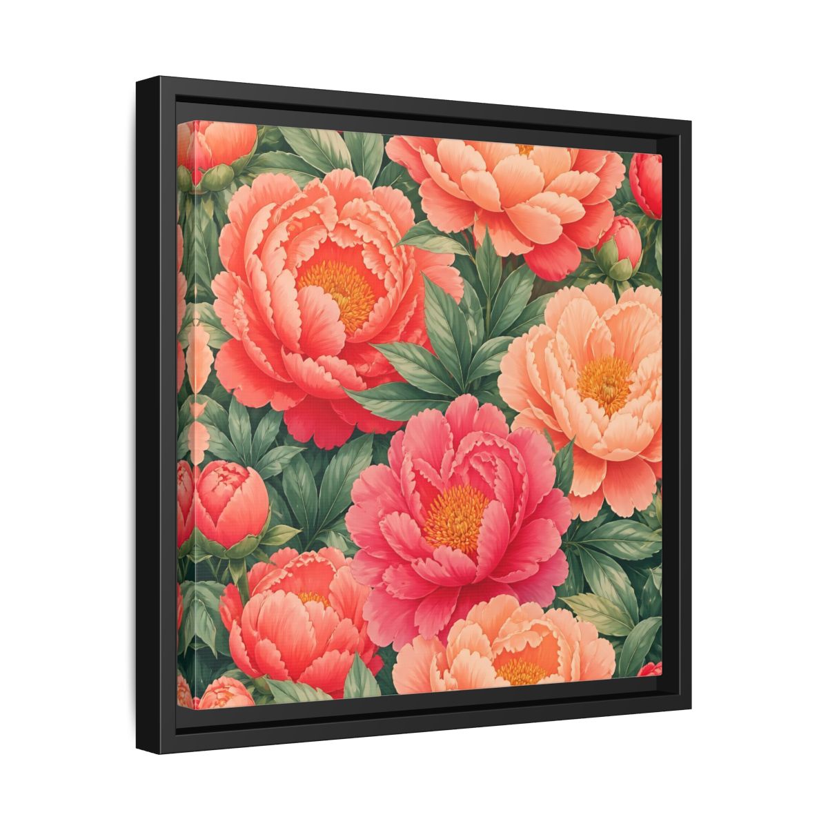 Side Mockup 32. Floral Peonies Pink And Green Peonies shown as stretched canvas wall art