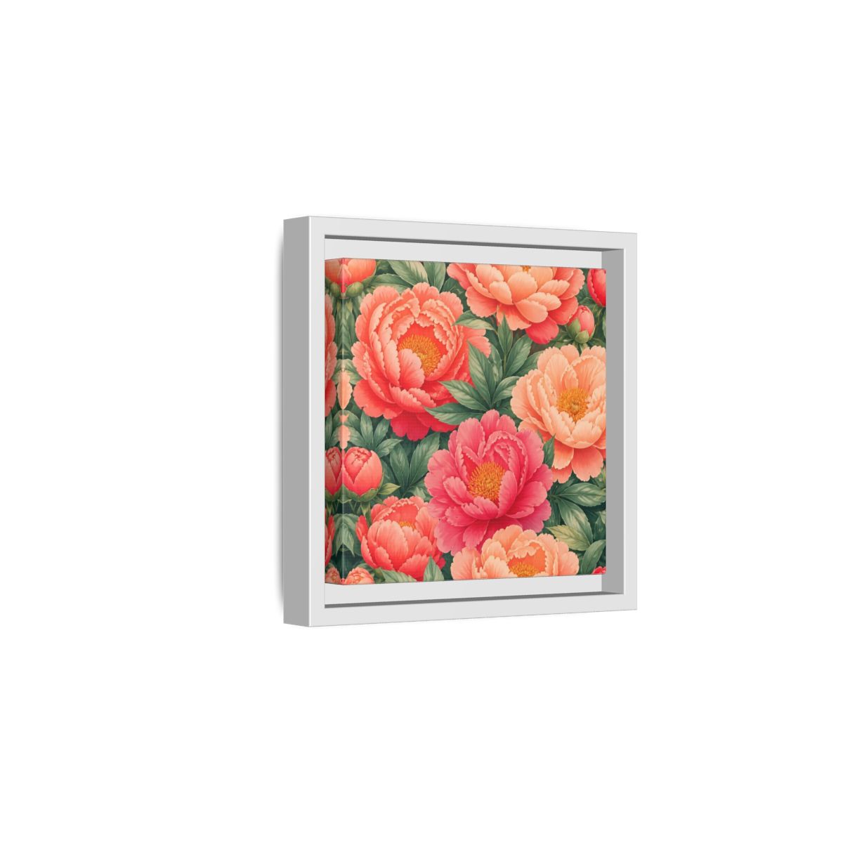 Side Mockup 1. Floral Peonies Pink And Green Peonies shown as stretched canvas wall art