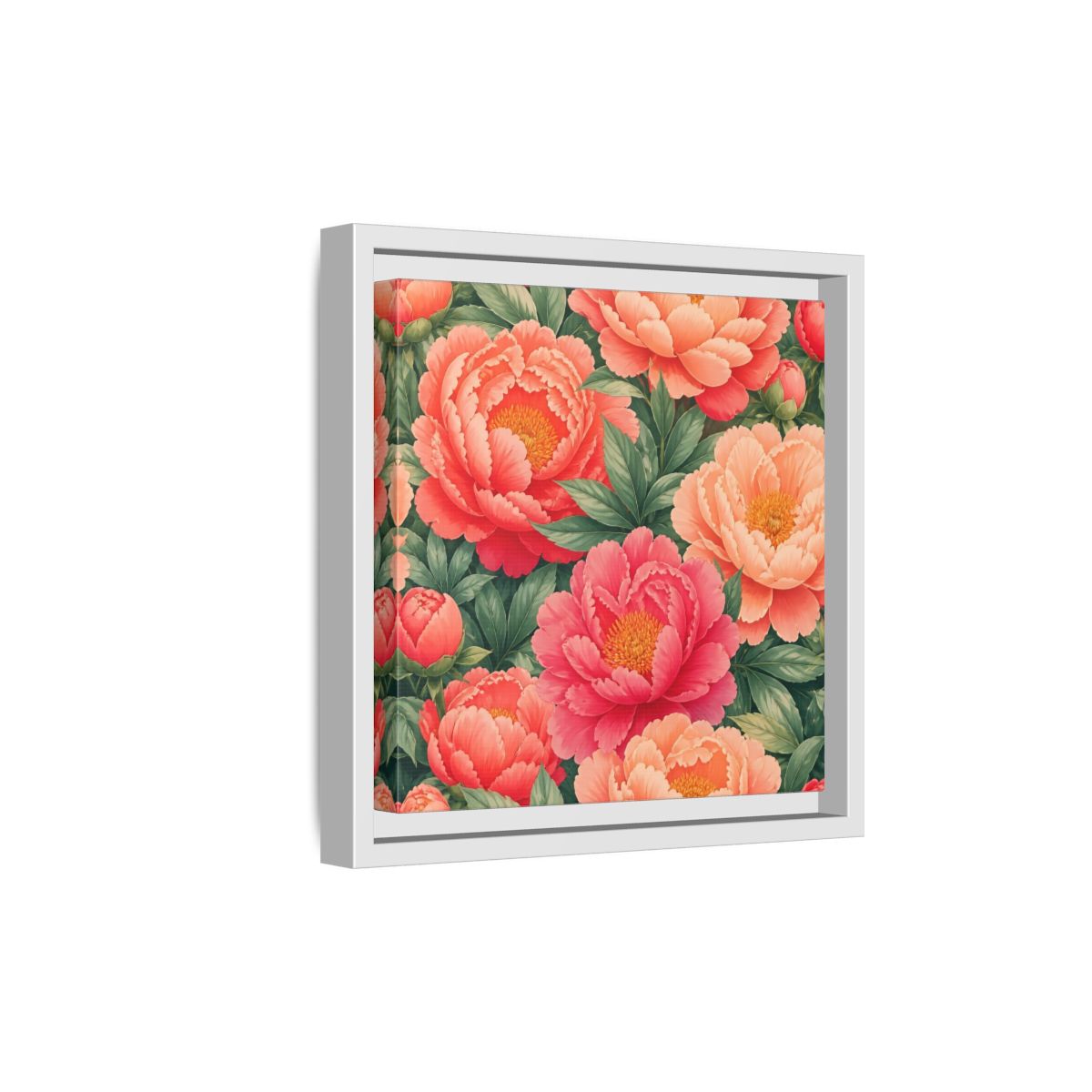 Side Mockup 19. Floral Peonies Pink And Green Peonies shown as stretched canvas wall art