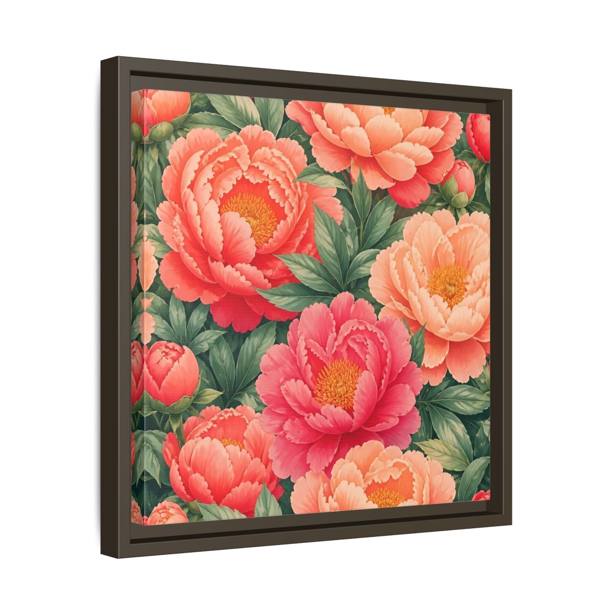 Side Mockup 29. Floral Peonies Pink And Green Peonies shown as stretched canvas wall art