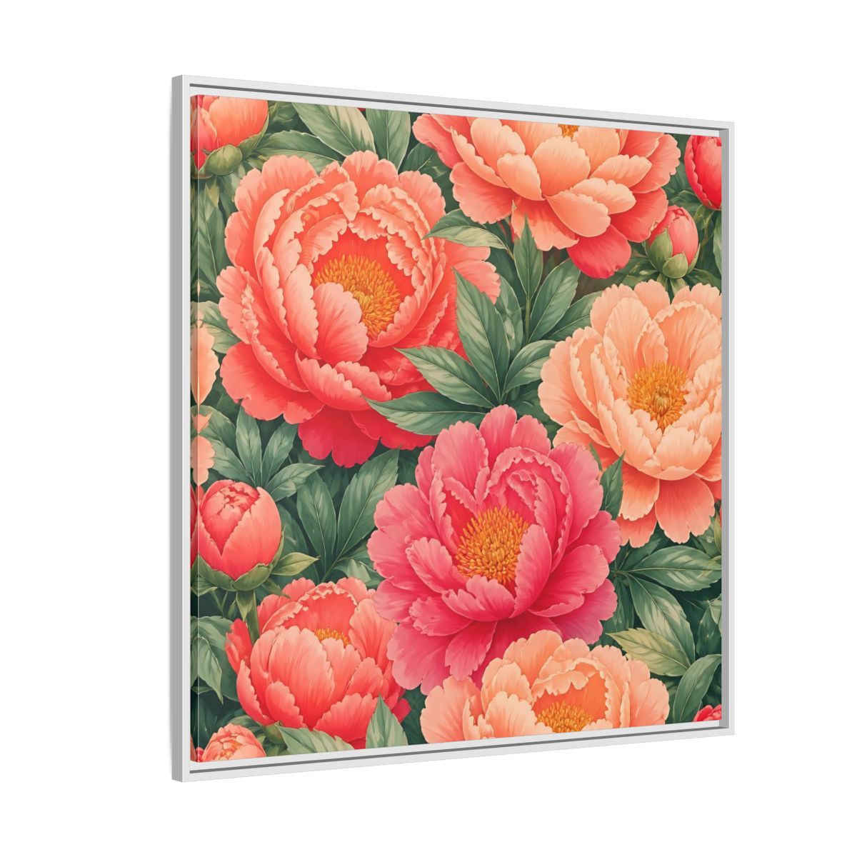 Side Mockup 4. Floral Peonies Pink And Green Peonies shown as stretched canvas wall art