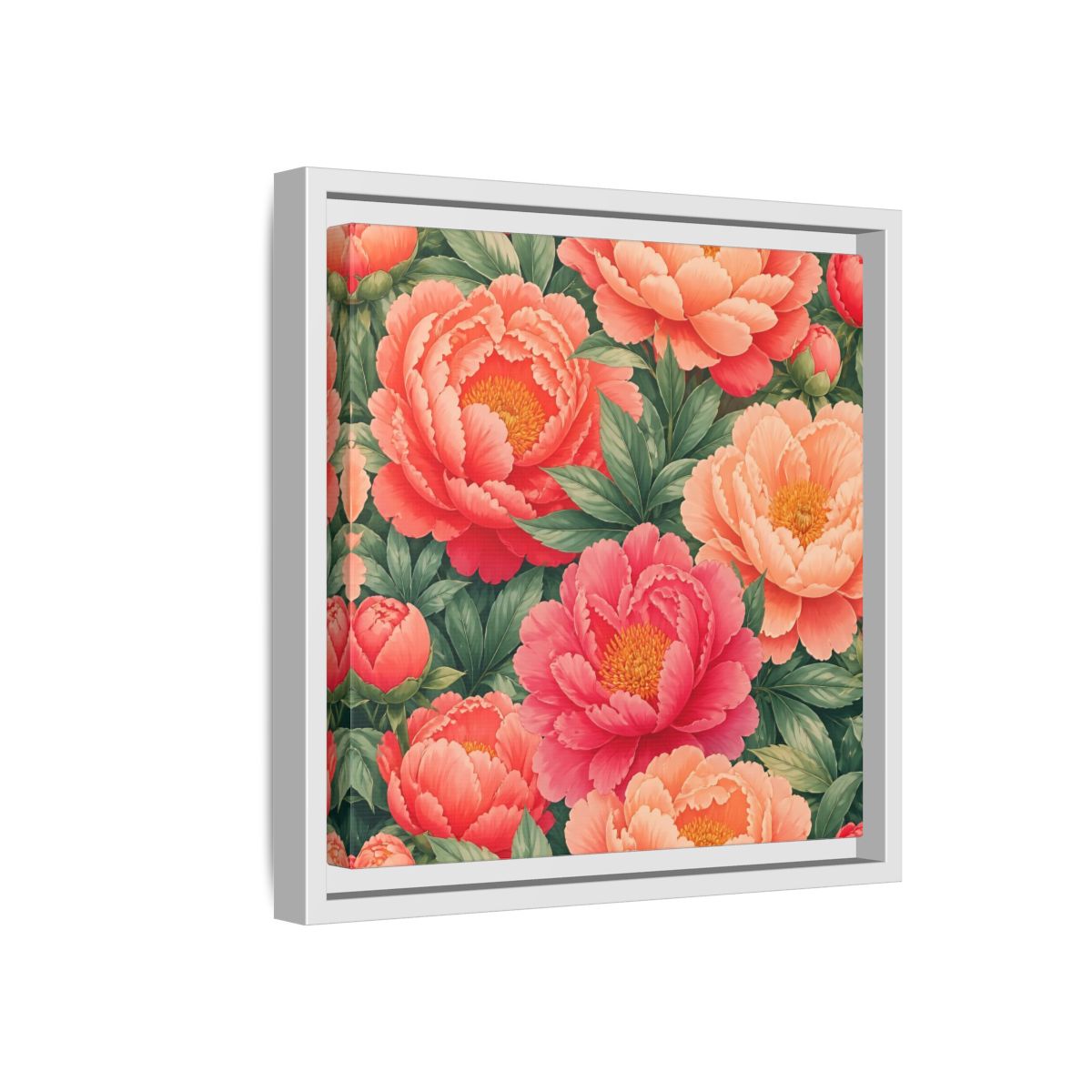 Side Mockup 16. Floral Peonies Pink And Green Peonies shown as stretched canvas wall art