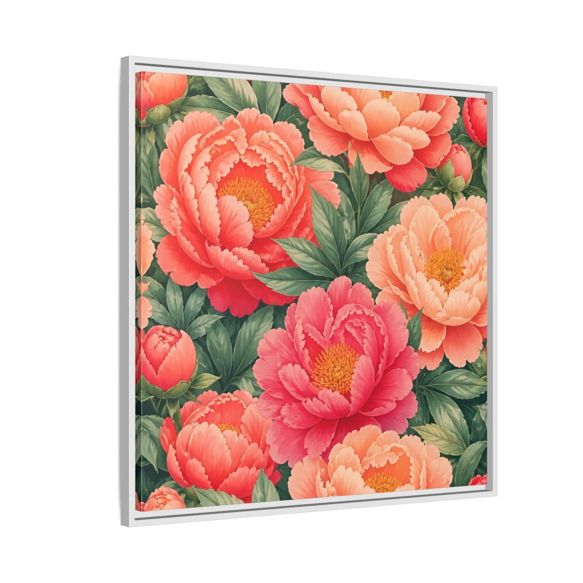 Side Mockup 7. Floral Peonies Pink And Green Peonies shown as stretched canvas wall art