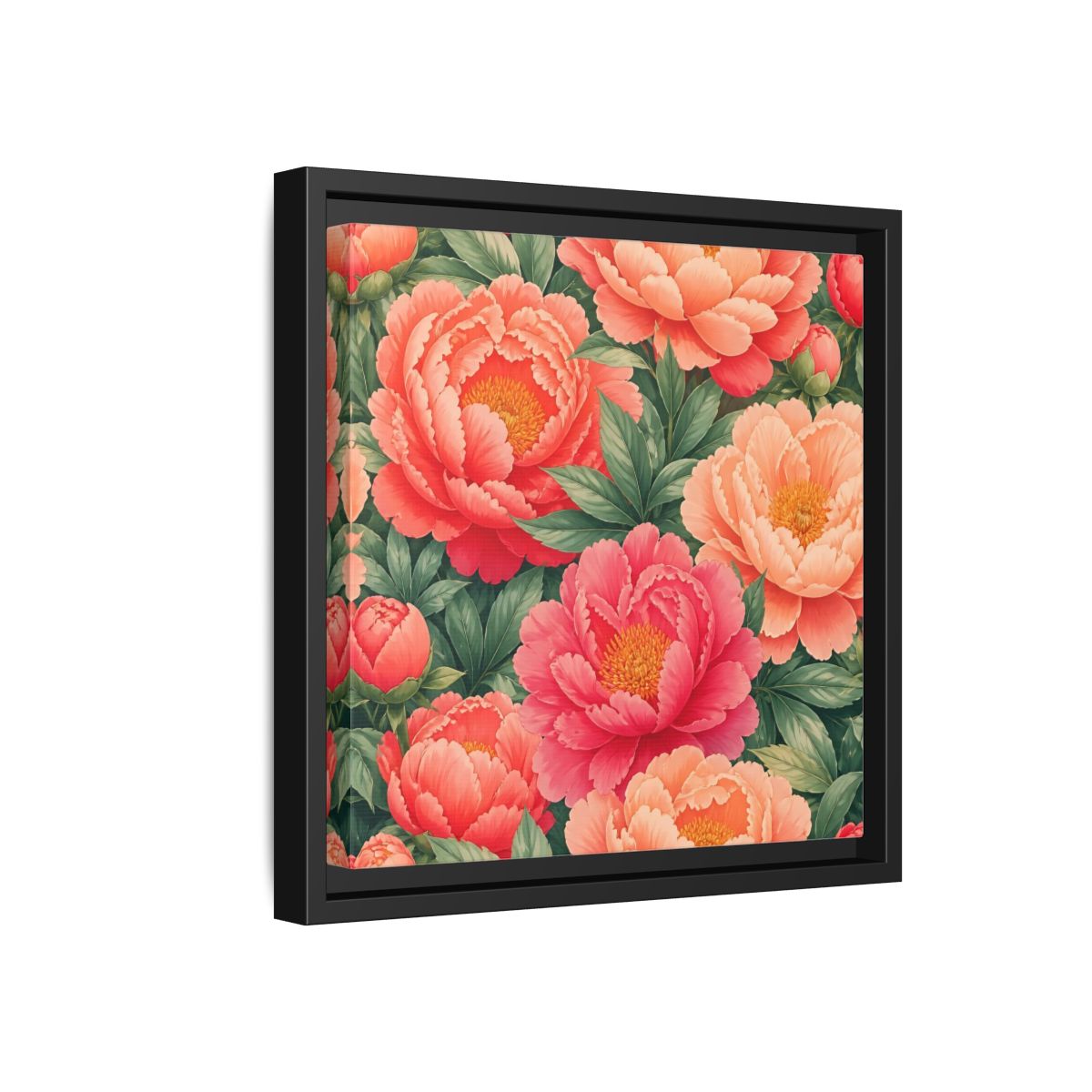 Side Mockup 18. Floral Peonies Pink And Green Peonies shown as stretched canvas wall art