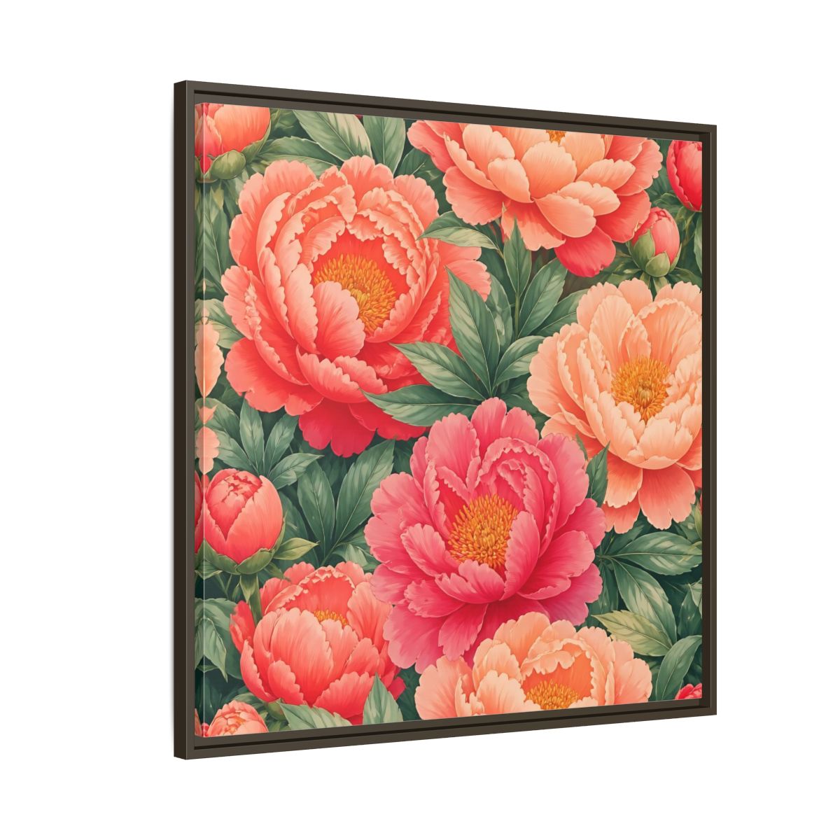 Side Mockup 8. Floral Peonies Pink And Green Peonies shown as stretched canvas wall art
