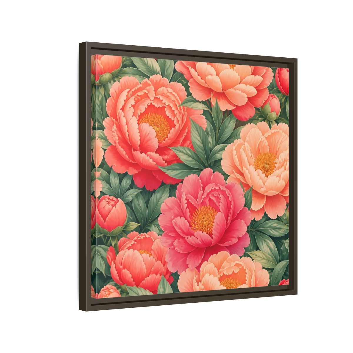 Side Mockup 11. Floral Peonies Pink And Green Peonies shown as stretched canvas wall art