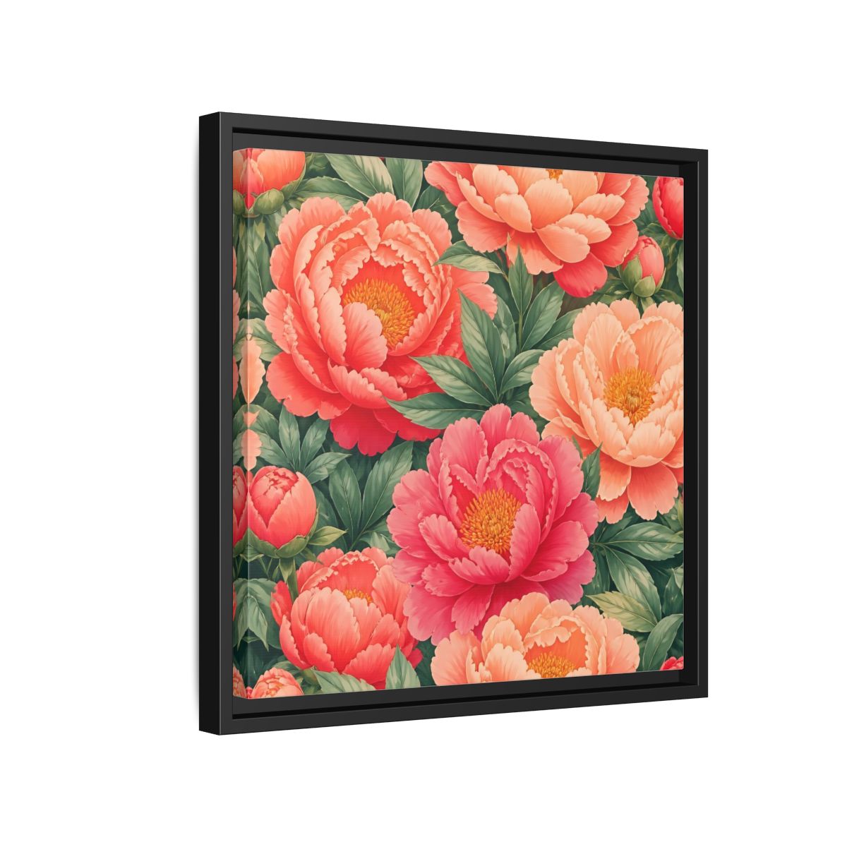 Side Mockup 15. Floral Peonies Pink And Green Peonies shown as stretched canvas wall art