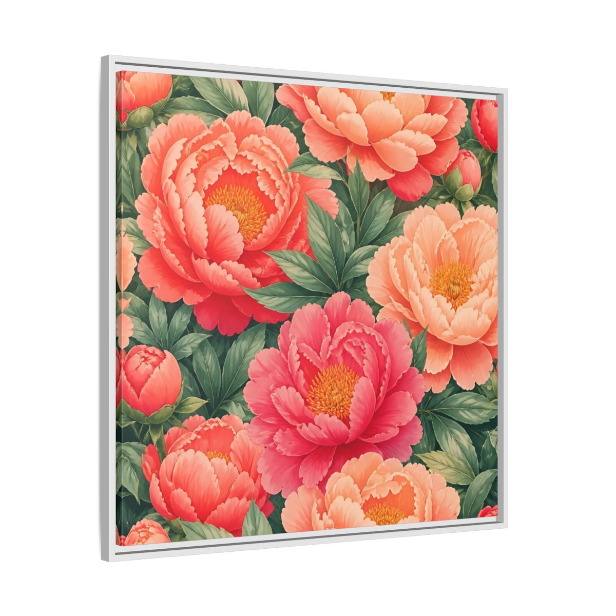 Side Mockup 25. Floral Peonies Pink And Green Peonies shown as stretched canvas wall art