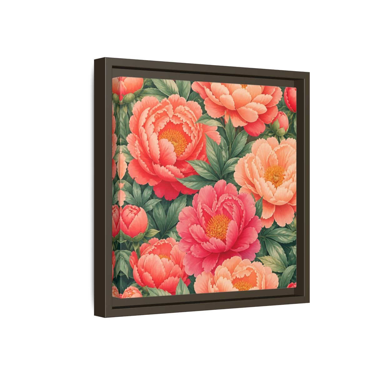 Side Mockup 17. Floral Peonies Pink And Green Peonies shown as stretched canvas wall art