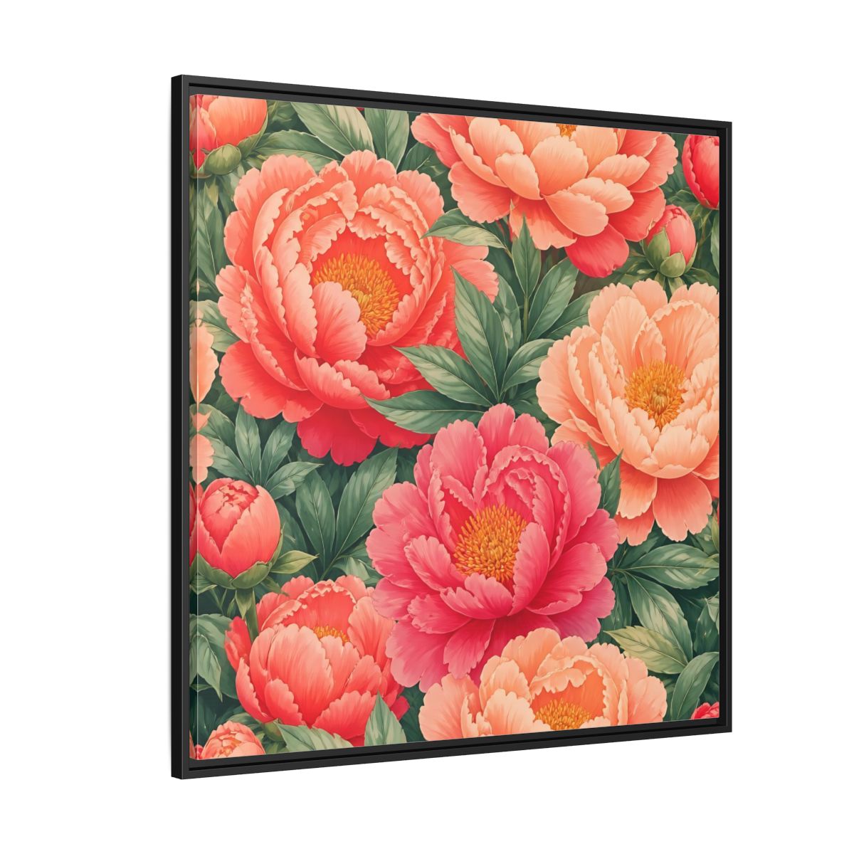 Side Mockup 6. Floral Peonies Pink And Green Peonies shown as stretched canvas wall art
