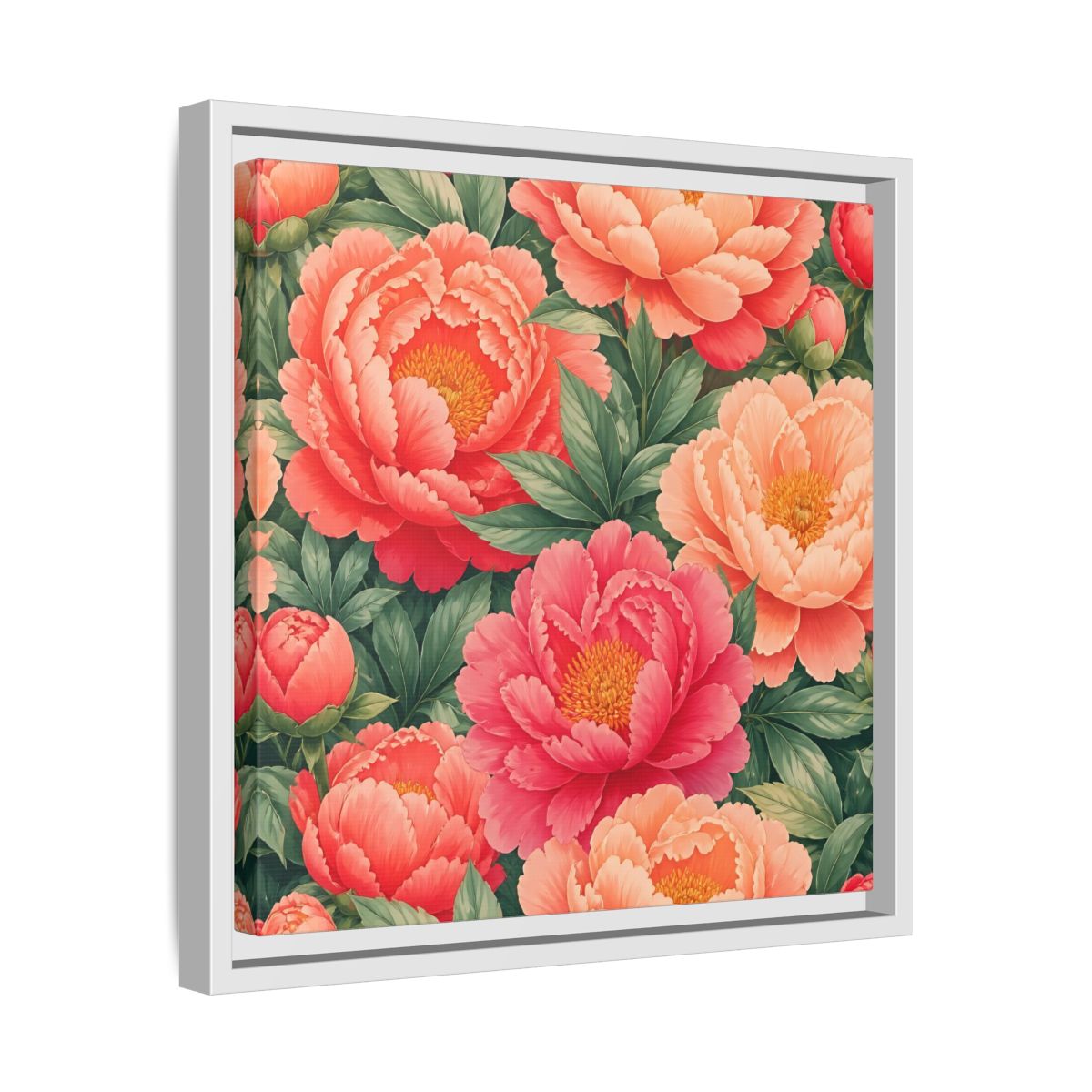 Side Mockup 28. Floral Peonies Pink And Green Peonies shown as stretched canvas wall art