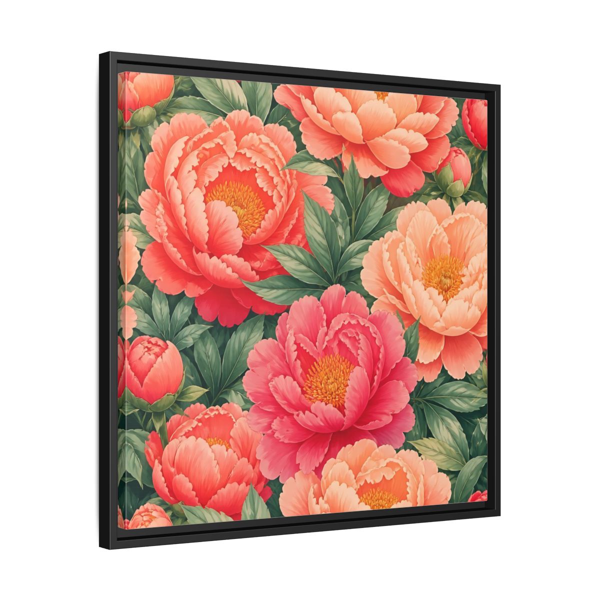 Side Mockup 31. Floral Peonies Pink And Green Peonies shown as stretched canvas wall art