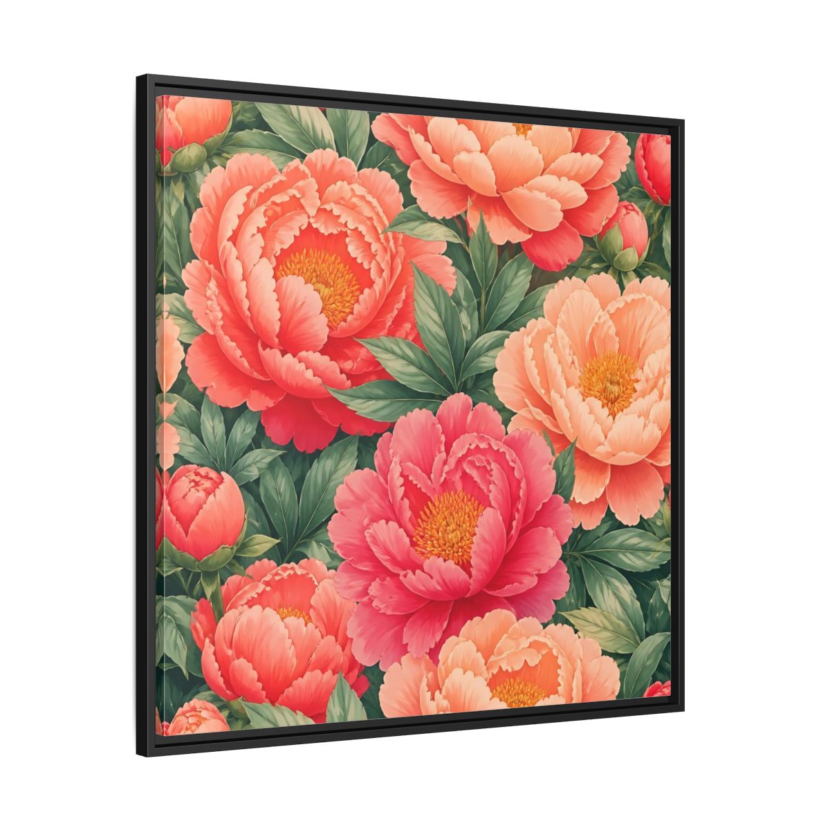 Side Mockup 30. Floral Peonies Pink And Green Peonies shown as stretched canvas wall art