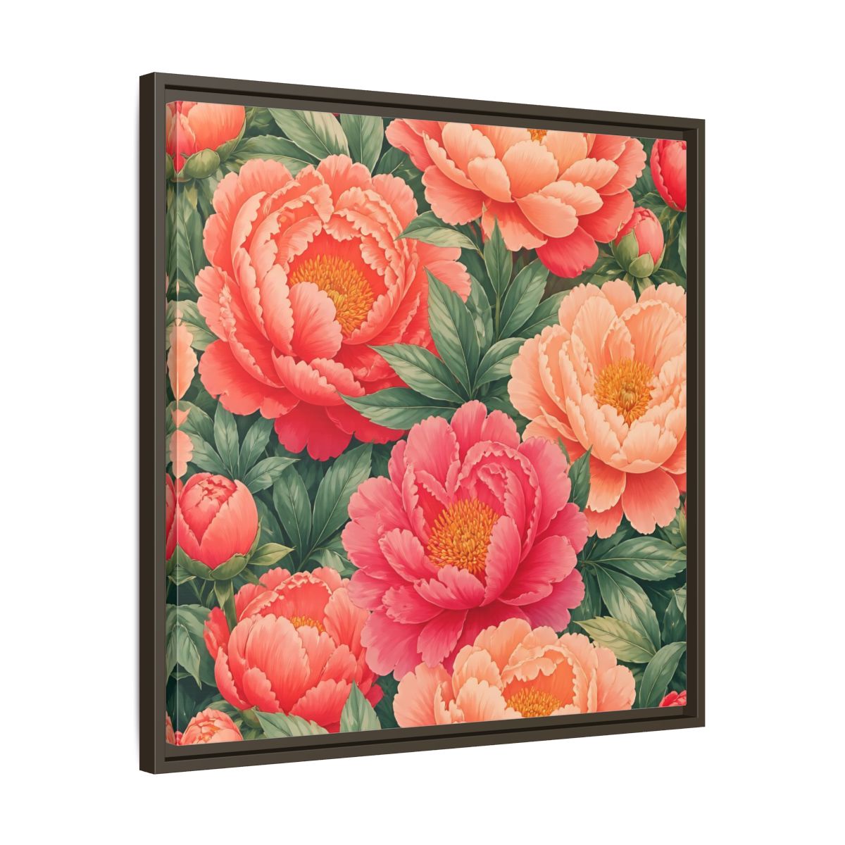 Side Mockup 27. Floral Peonies Pink And Green Peonies shown as stretched canvas wall art