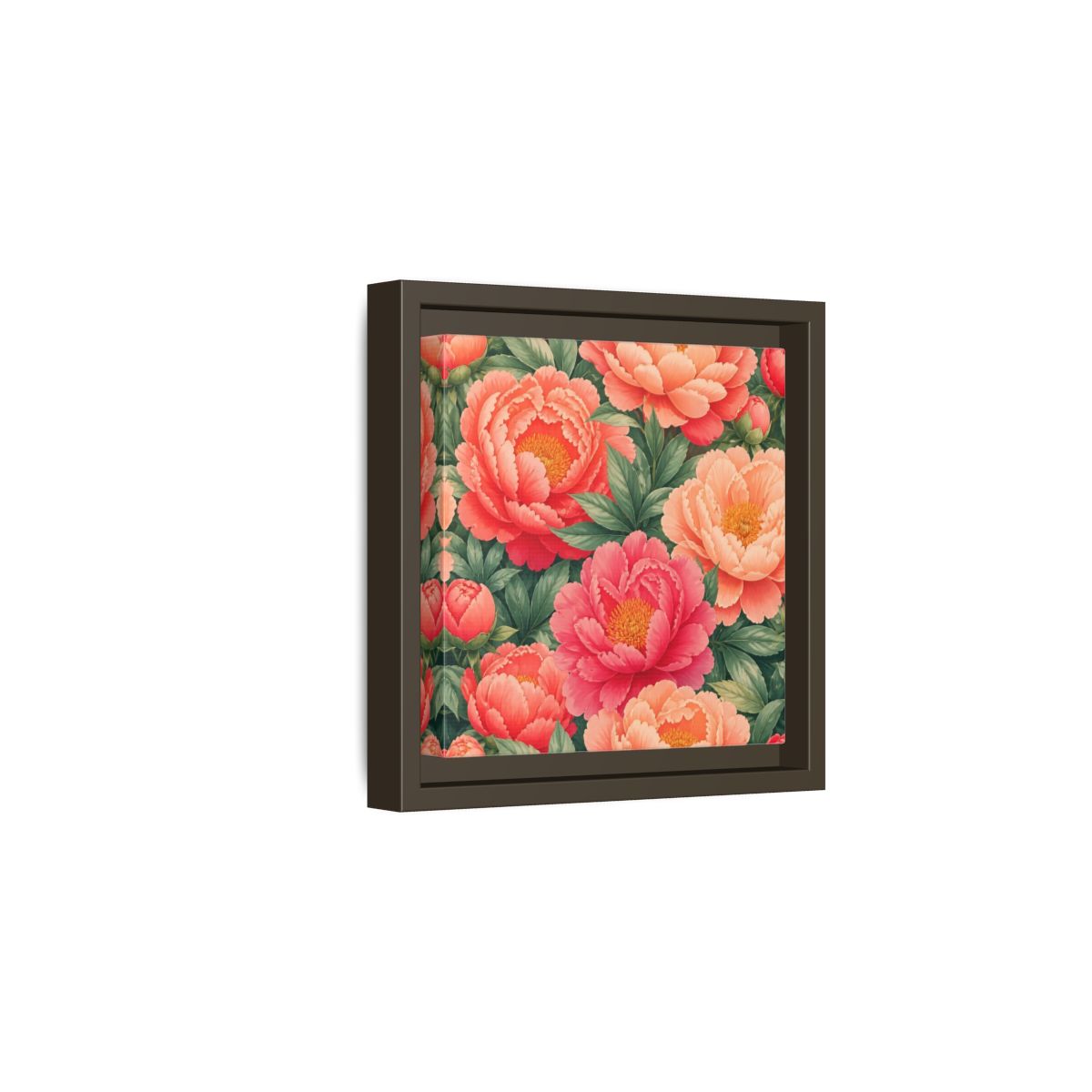 Side Mockup 2. Floral Peonies Pink And Green Peonies shown as stretched canvas wall art
