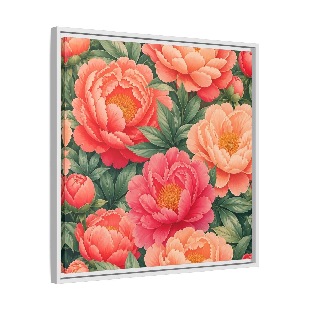 Side Mockup 26. Floral Peonies Pink And Green Peonies shown as stretched canvas wall art