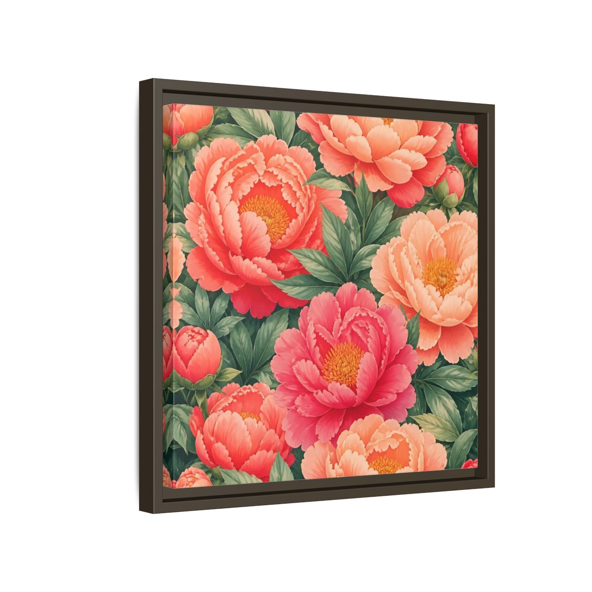 Side Mockup 14. Floral Peonies Pink And Green Peonies shown as stretched canvas wall art