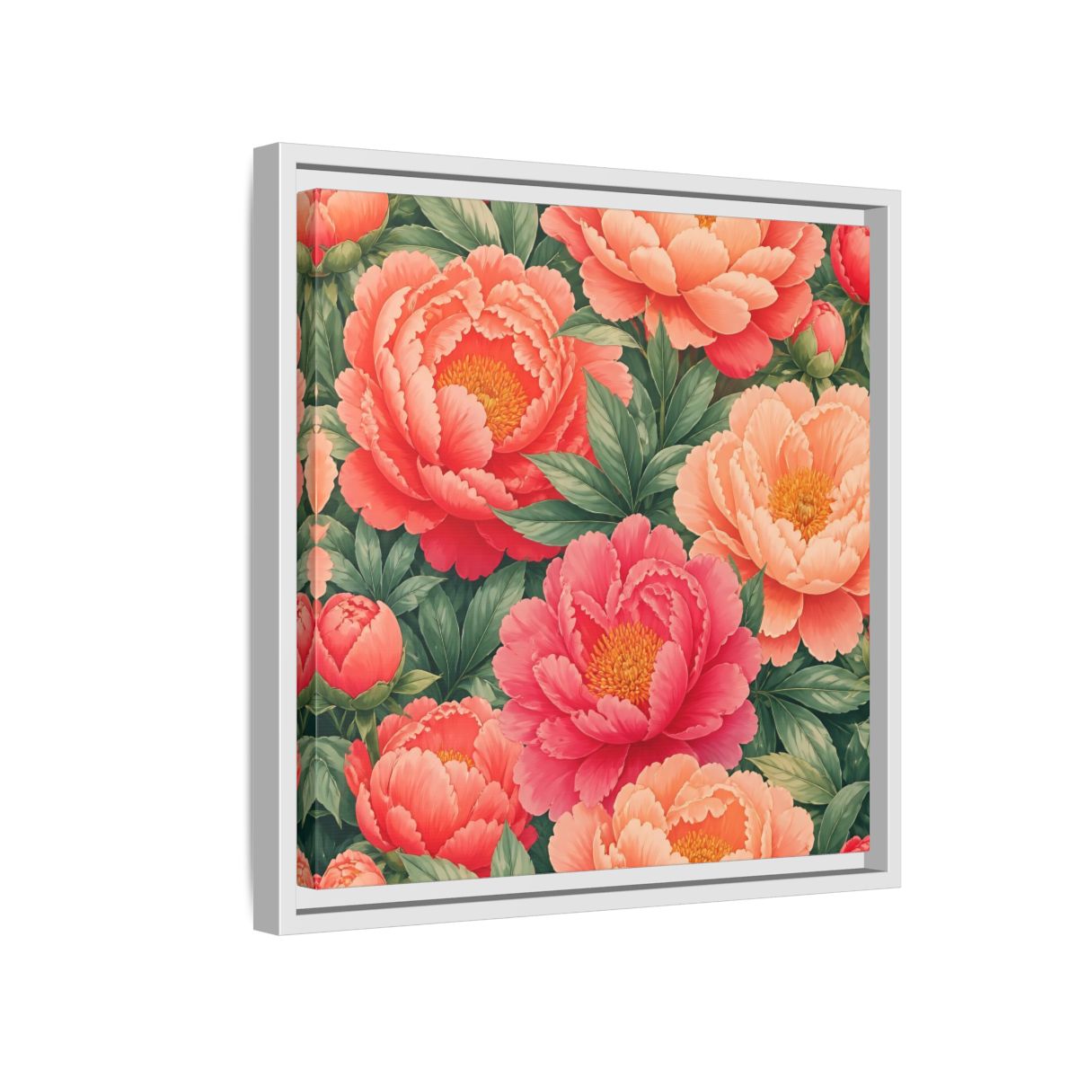 Side Mockup 13. Floral Peonies Pink And Green Peonies shown as stretched canvas wall art