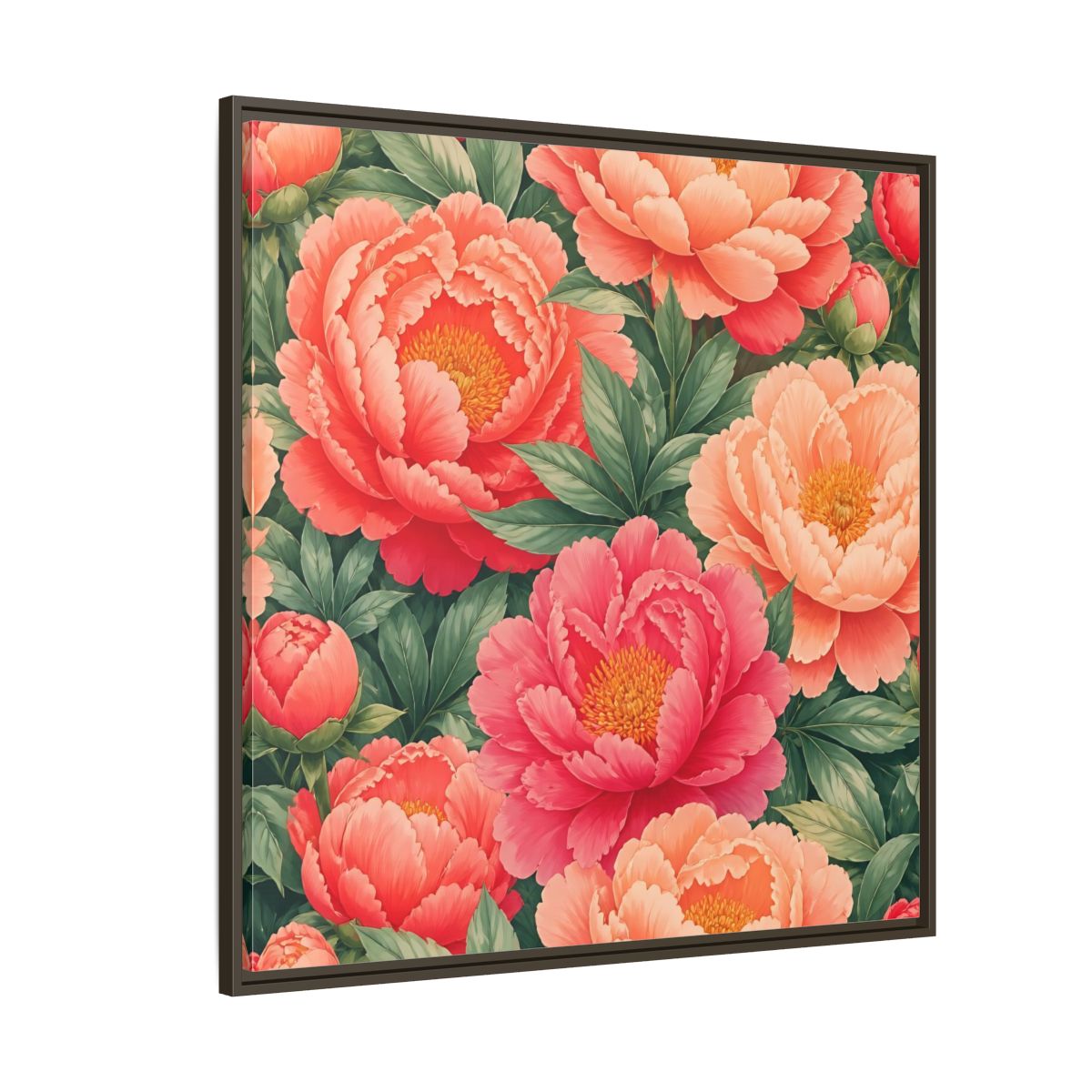 Side Mockup 5. Floral Peonies Pink And Green Peonies shown as stretched canvas wall art