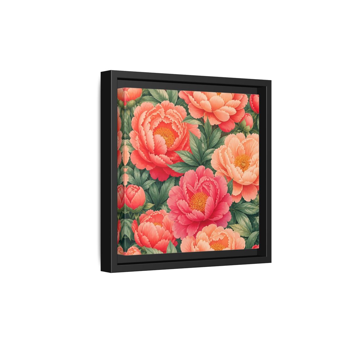Side Mockup 21. Floral Peonies Pink And Green Peonies shown as stretched canvas wall art