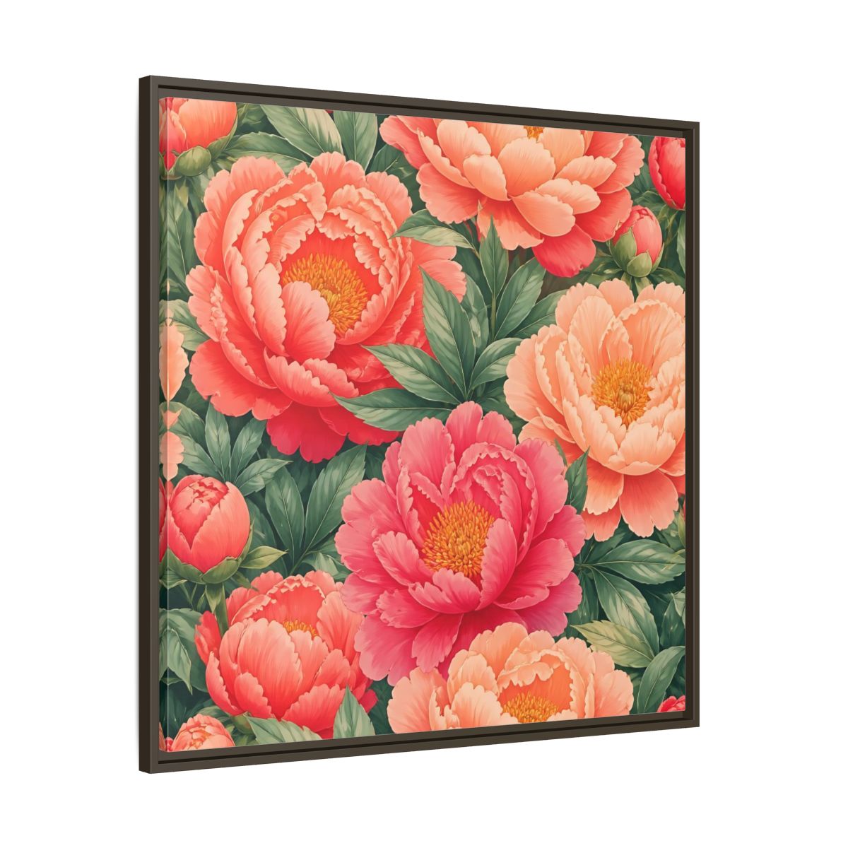 Main Mockup. Floral Peonies Pink And Green Peonies shown as stretched canvas wall art