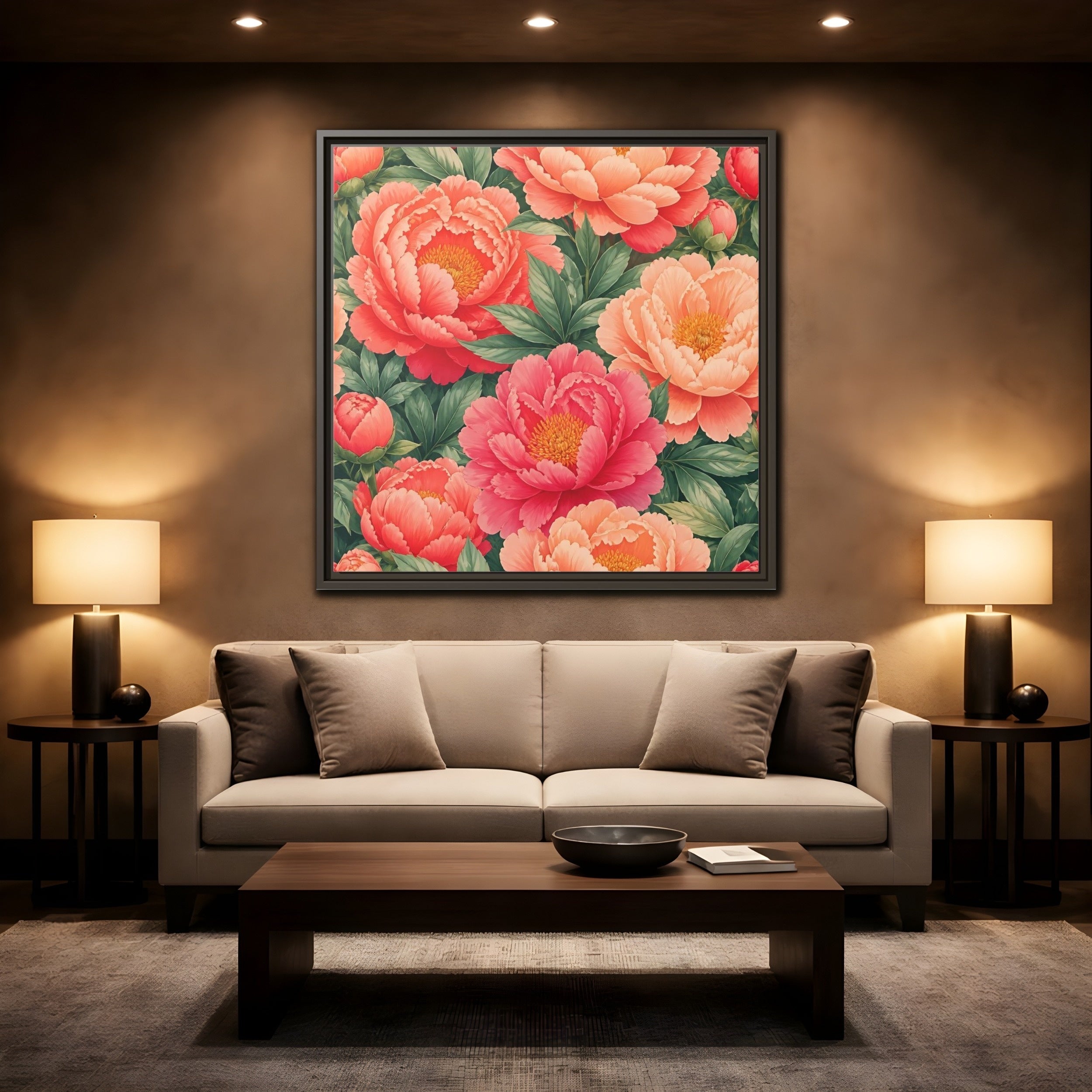 Mockup 2. Floral Peonies Pink And Green Peonies shown as stretched canvas wall art