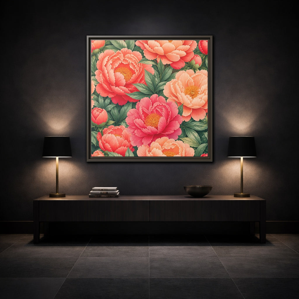 Mockup 3. Floral Peonies Pink And Green Peonies shown as stretched canvas wall art