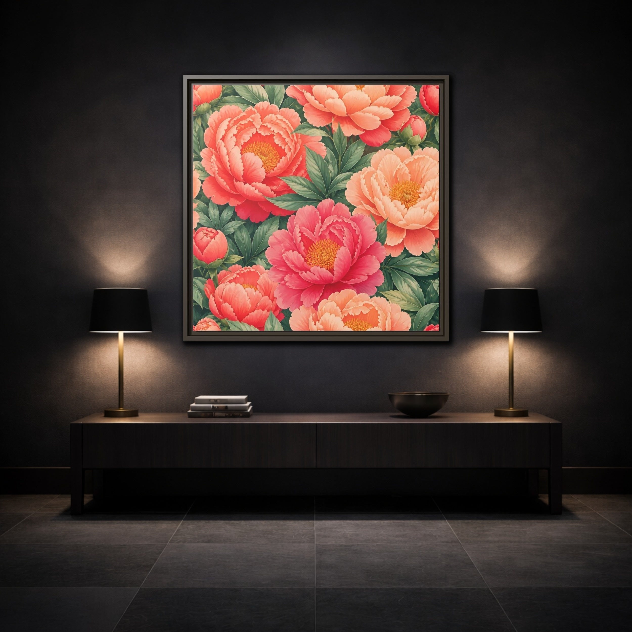 Mockup 3. Floral Peonies Pink And Green Peonies shown as stretched canvas wall art