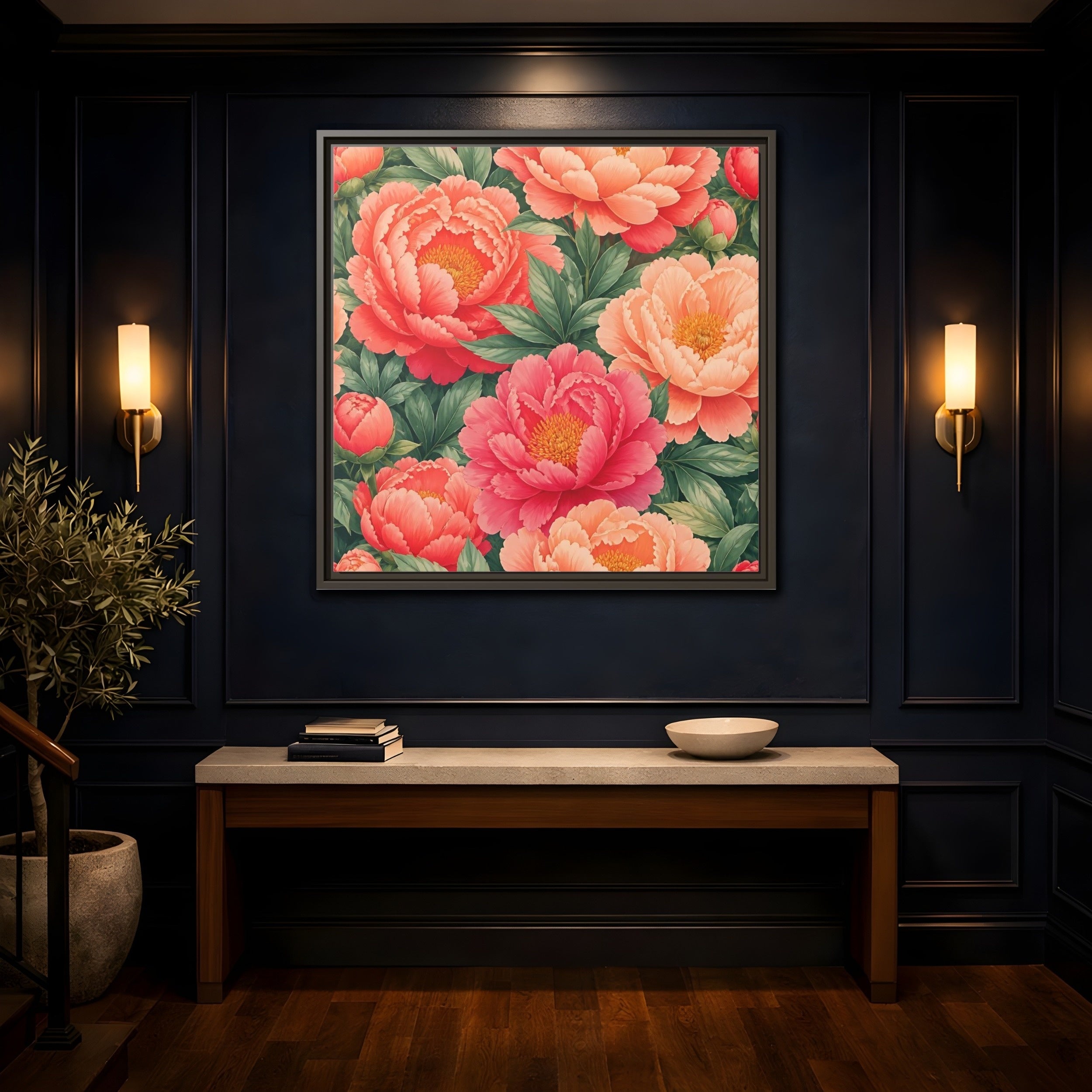 Mockup 4. Floral Peonies Pink And Green Peonies shown as stretched canvas wall art