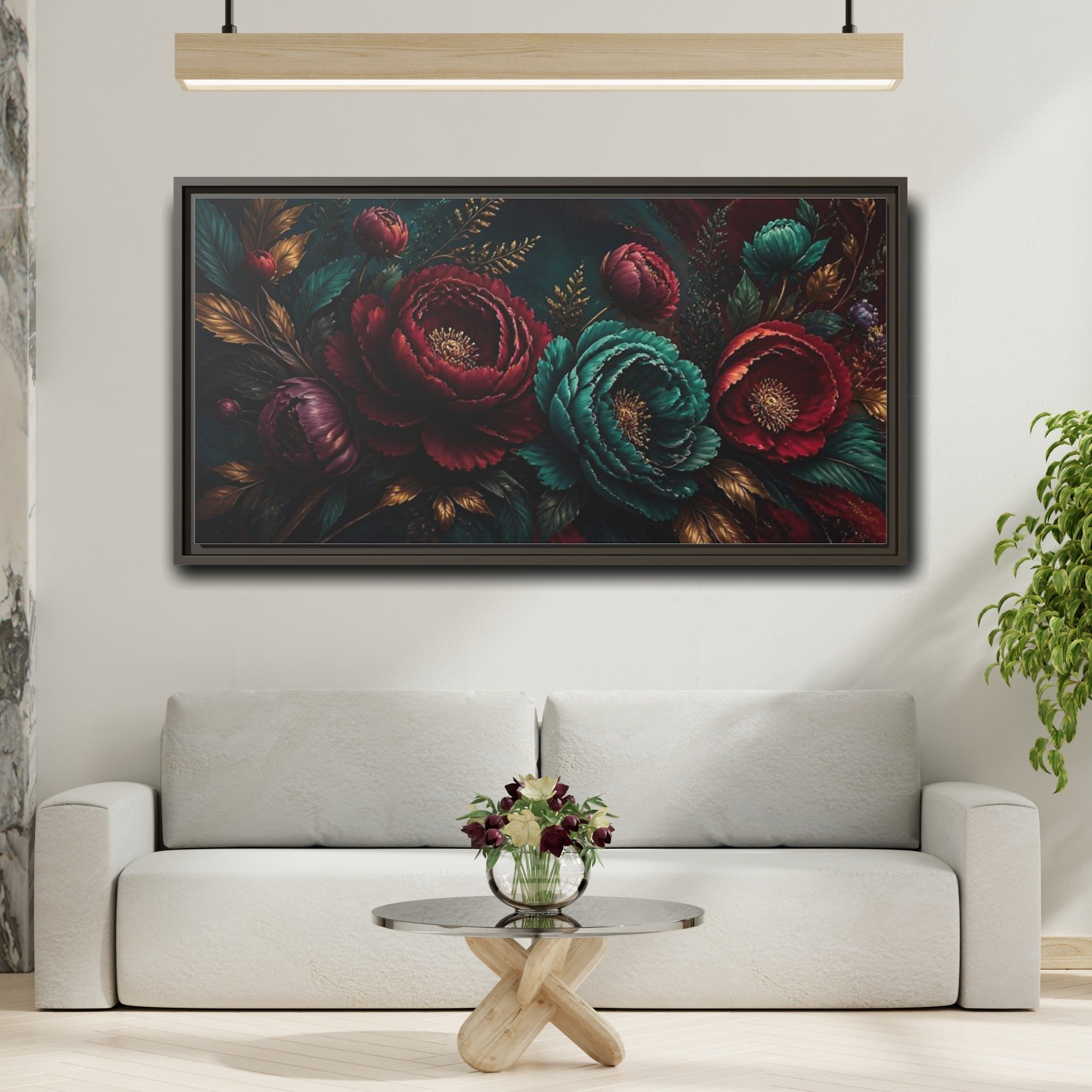 Mockup 2. Floral Peonies Red Teal Gold Floral shown as stretched canvas wall art