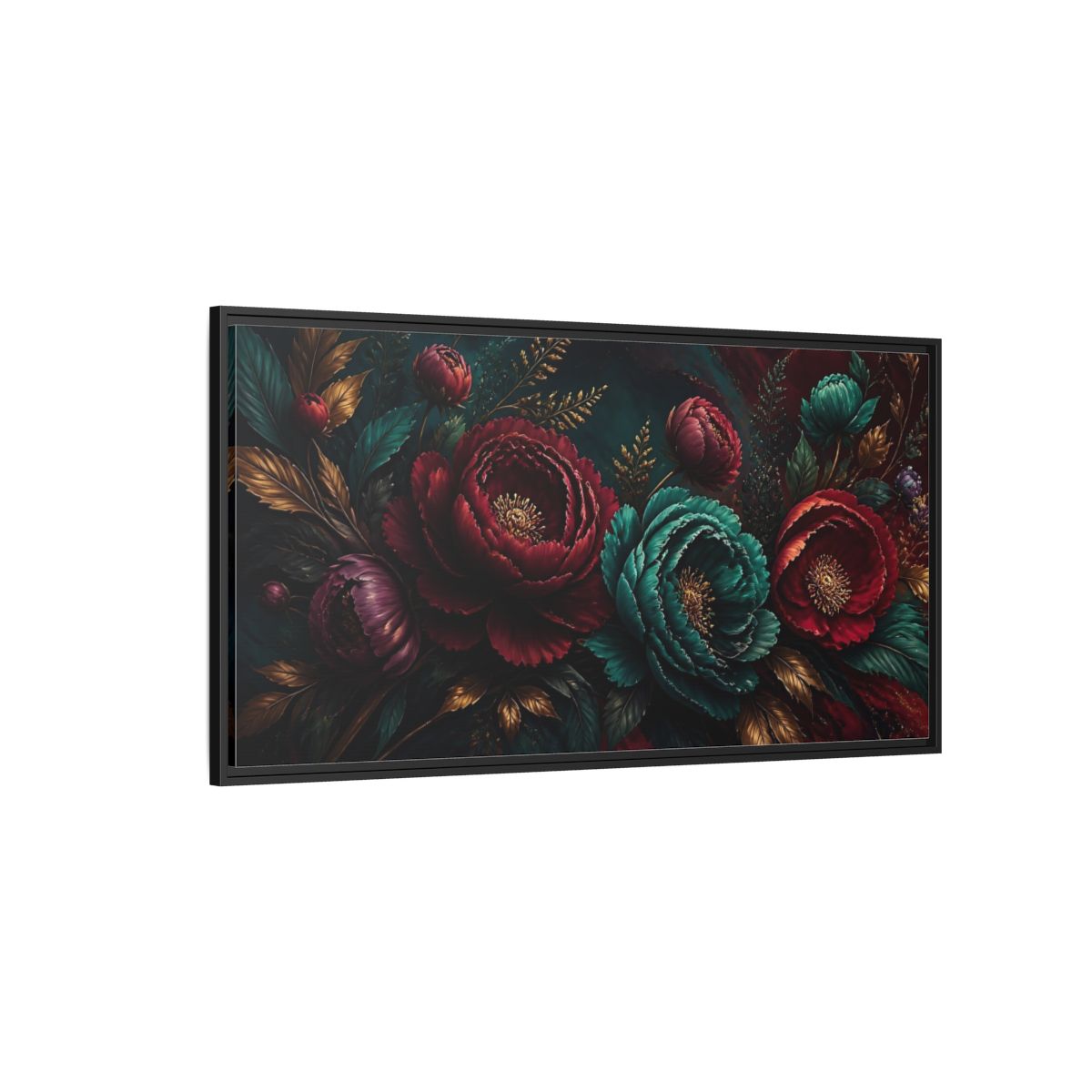 Side Mockup 5. Floral Peonies Red Teal Gold Floral shown as stretched canvas wall art