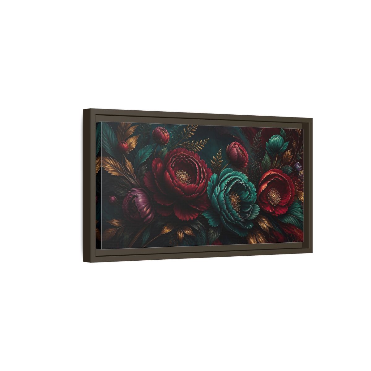 Side Mockup 7. Floral Peonies Red Teal Gold Floral shown as stretched canvas wall art