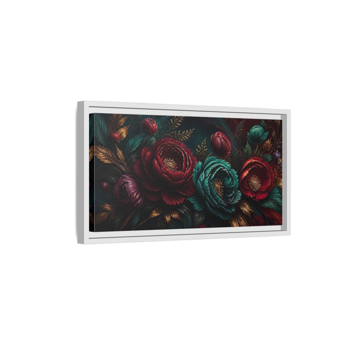 Side Mockup 6. Floral Peonies Red Teal Gold Floral shown as stretched canvas wall art