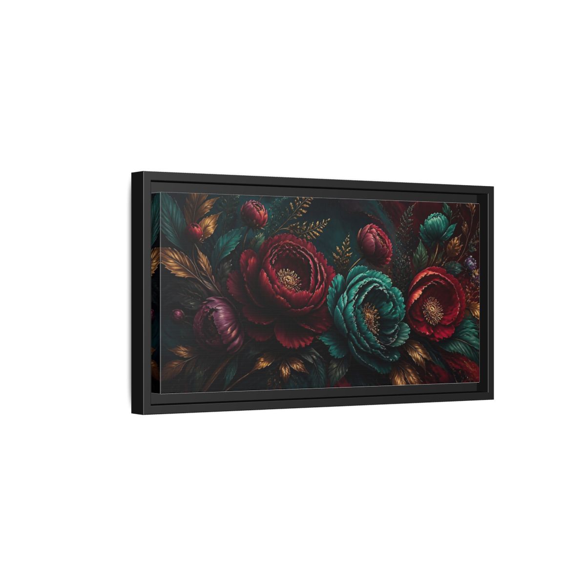 Side Mockup 8. Floral Peonies Red Teal Gold Floral shown as stretched canvas wall art
