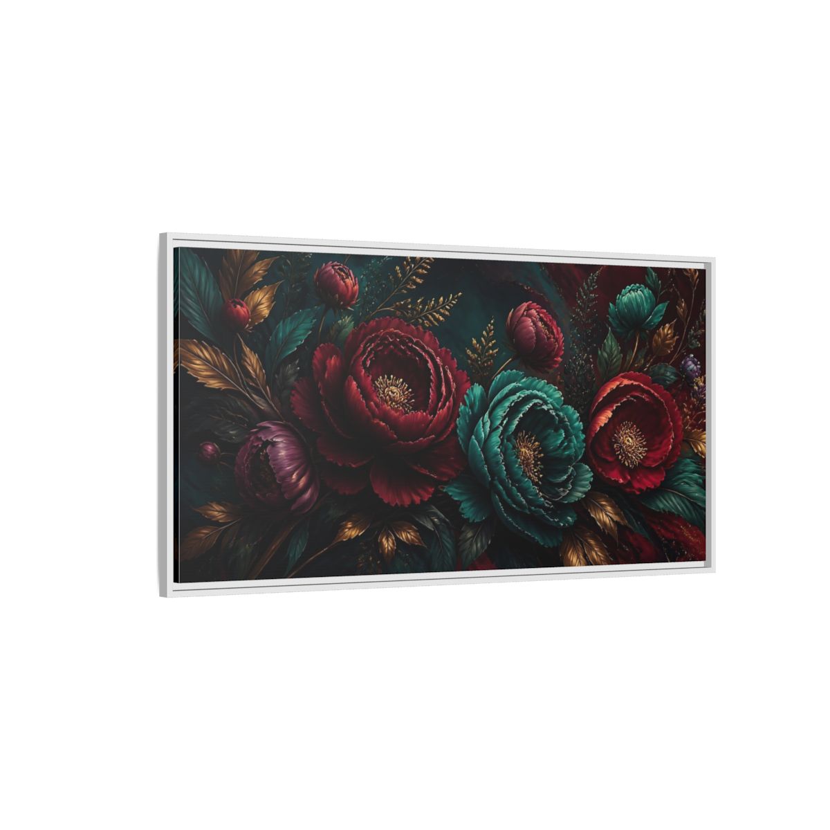 Side Mockup 3. Floral Peonies Red Teal Gold Floral shown as stretched canvas wall art