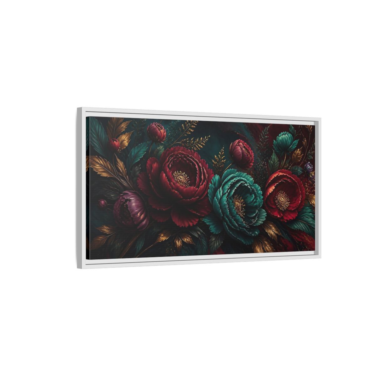 Side Mockup 1. Floral Peonies Red Teal Gold Floral shown as stretched canvas wall art