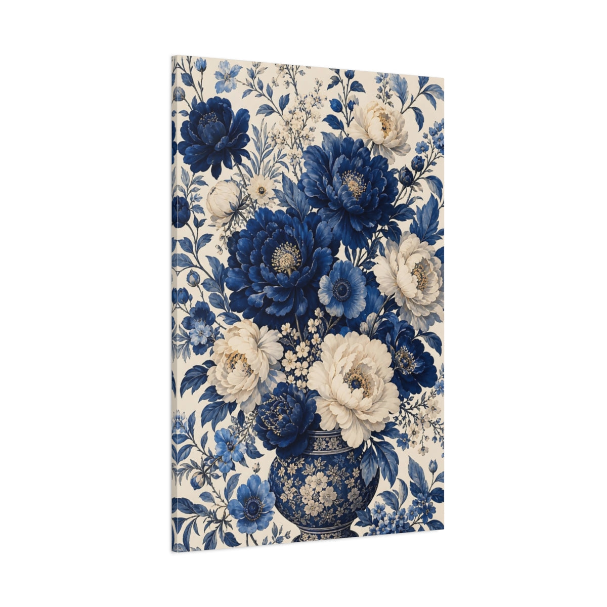 Side Mockup 1. Floral Peony Bouquet Blue And White Floral shown as stretched canvas wall art