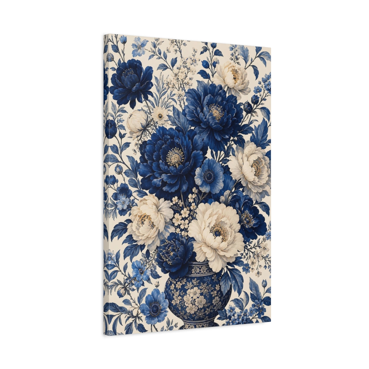 Side Mockup 2. Floral Peony Bouquet Blue And White Floral shown as stretched canvas wall art