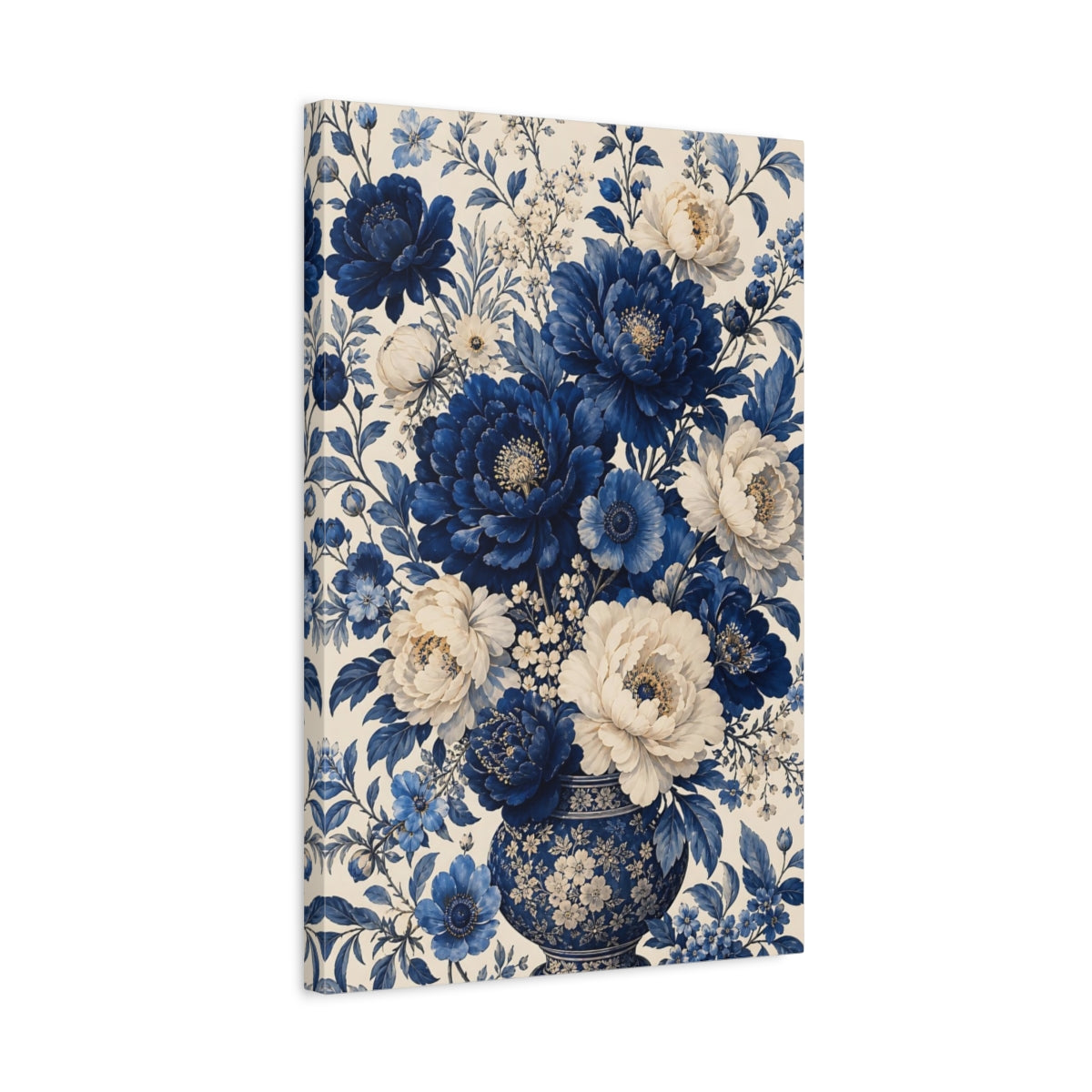 Side Mockup 3. Floral Peony Bouquet Blue And White Floral shown as stretched canvas wall art