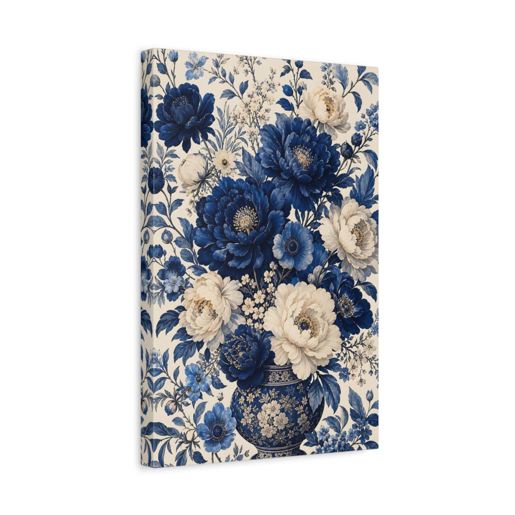 Side Mockup 4. Floral Peony Bouquet Blue And White Floral shown as stretched canvas wall art