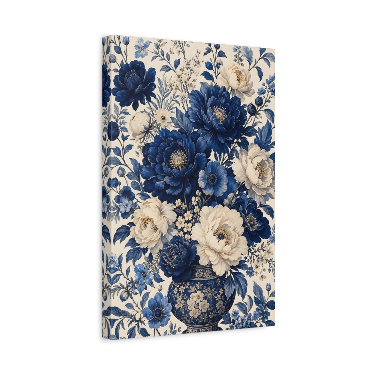 Side Mockup 4. Floral Peony Bouquet Blue And White Floral shown as stretched canvas wall art