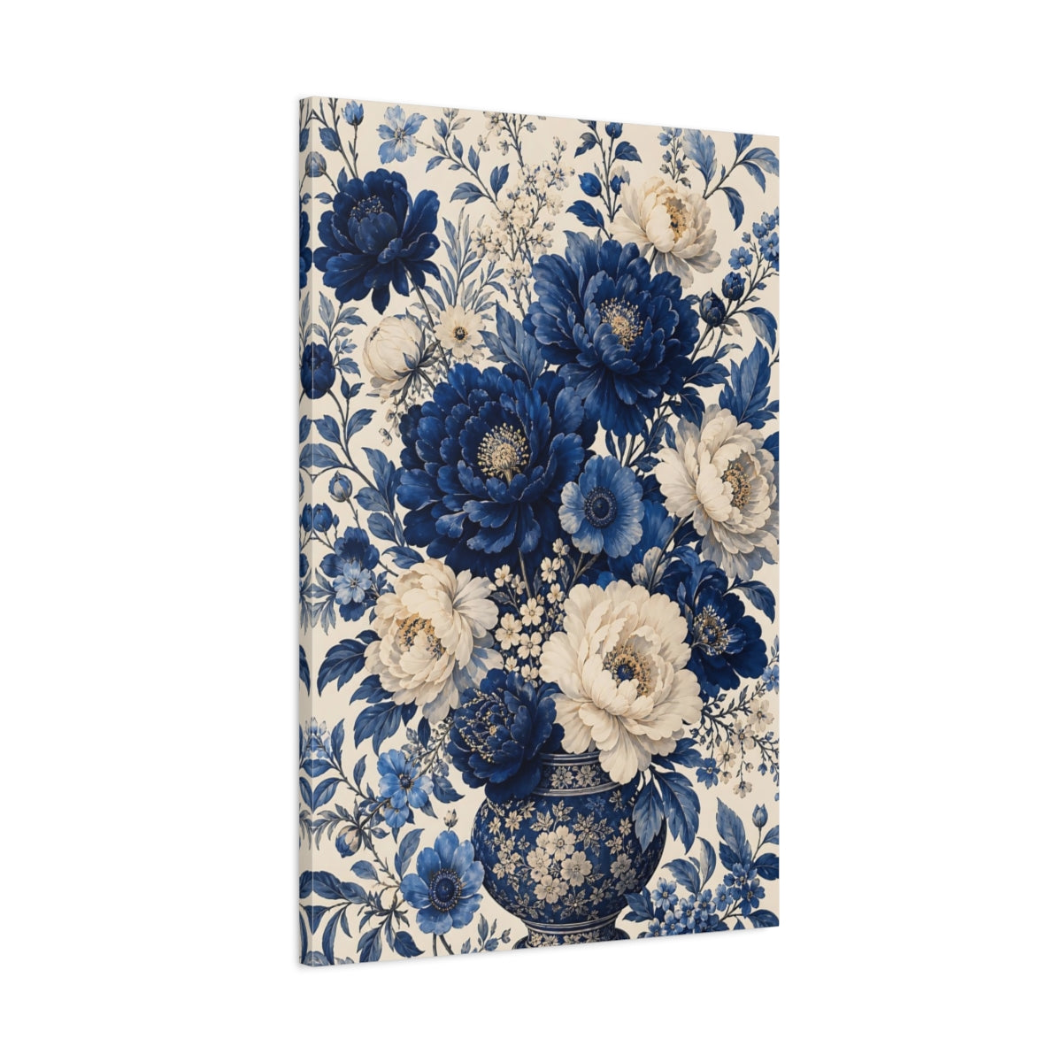 Main Mockup. Floral Peony Bouquet Blue And White Floral shown as stretched canvas wall art