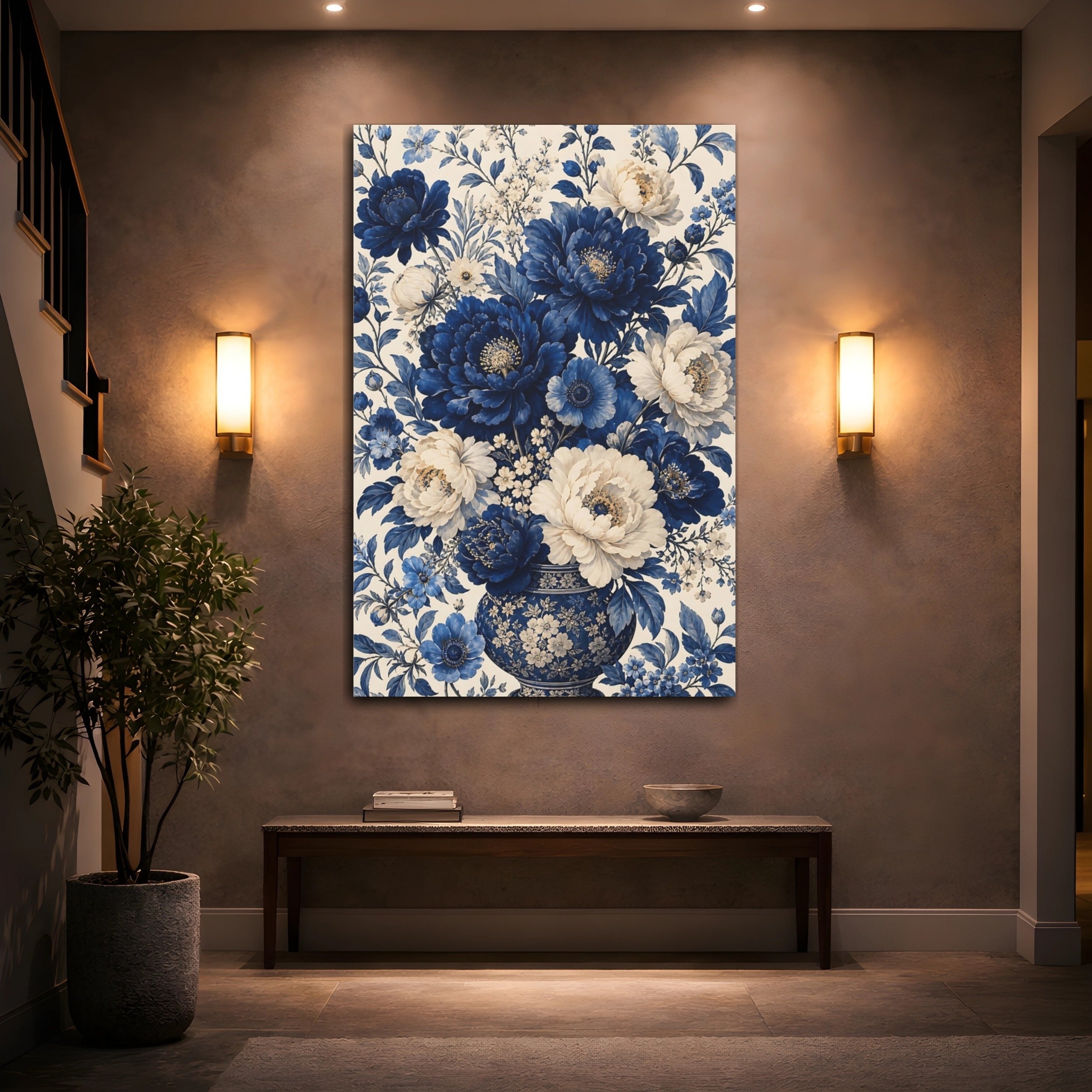 Mockup 2. Floral Peony Bouquet Blue And White Floral shown as stretched canvas wall art