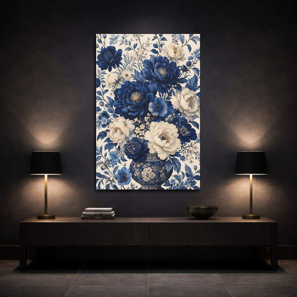 Mockup 3. Floral Peony Bouquet Blue And White Floral shown as stretched canvas wall art