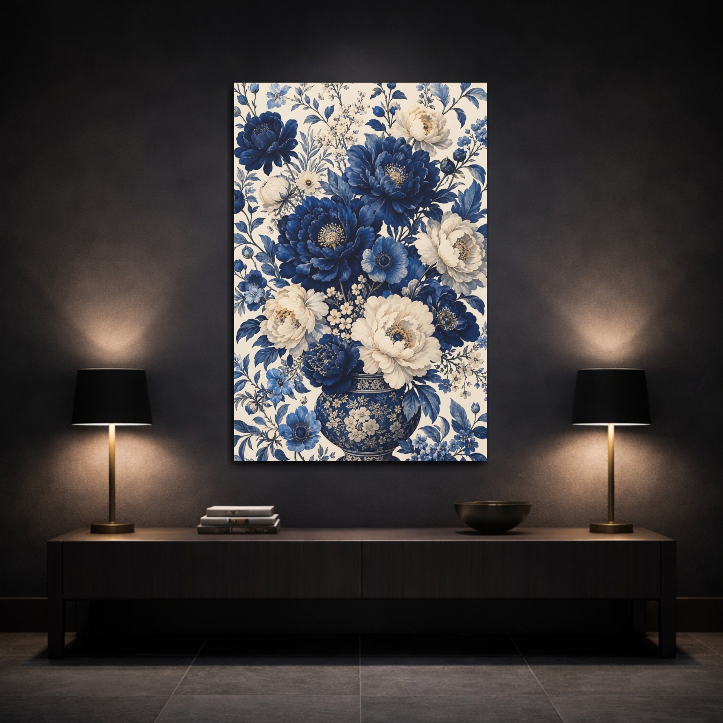 Mockup 3. Floral Peony Bouquet Blue And White Floral shown as stretched canvas wall art