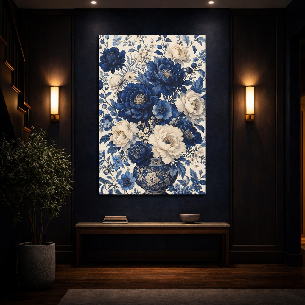 Mockup 4. Floral Peony Bouquet Blue And White Floral shown as stretched canvas wall art