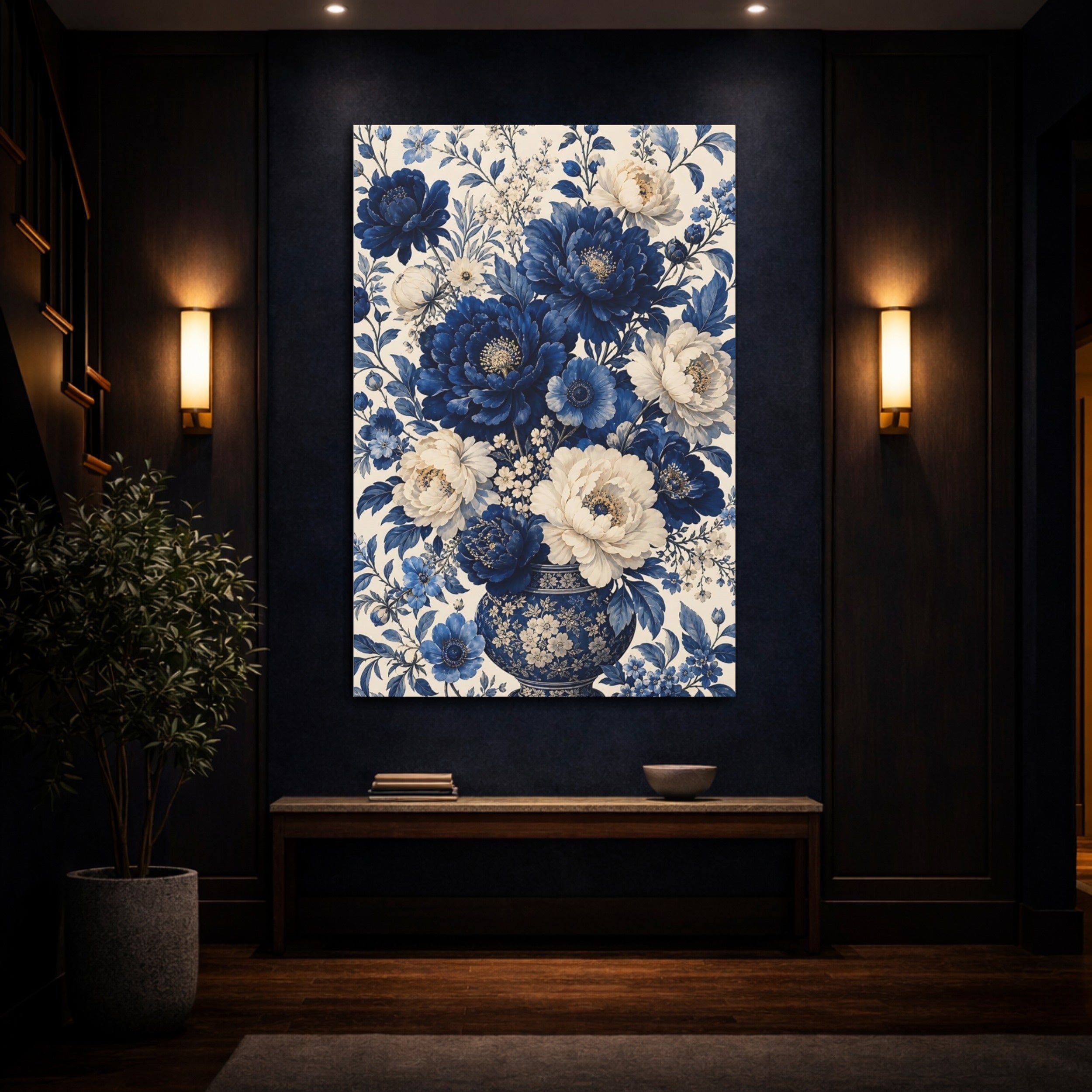Mockup 4. Floral Peony Bouquet Blue And White Floral shown as stretched canvas wall art