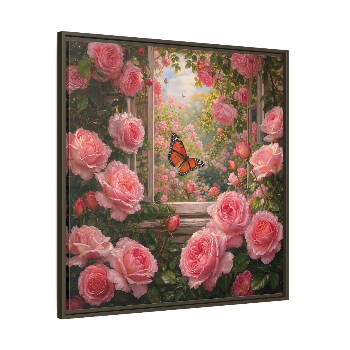 Main Mockup. Floral Pink Roses Pink Rose Garden shown as stretched canvas wall art