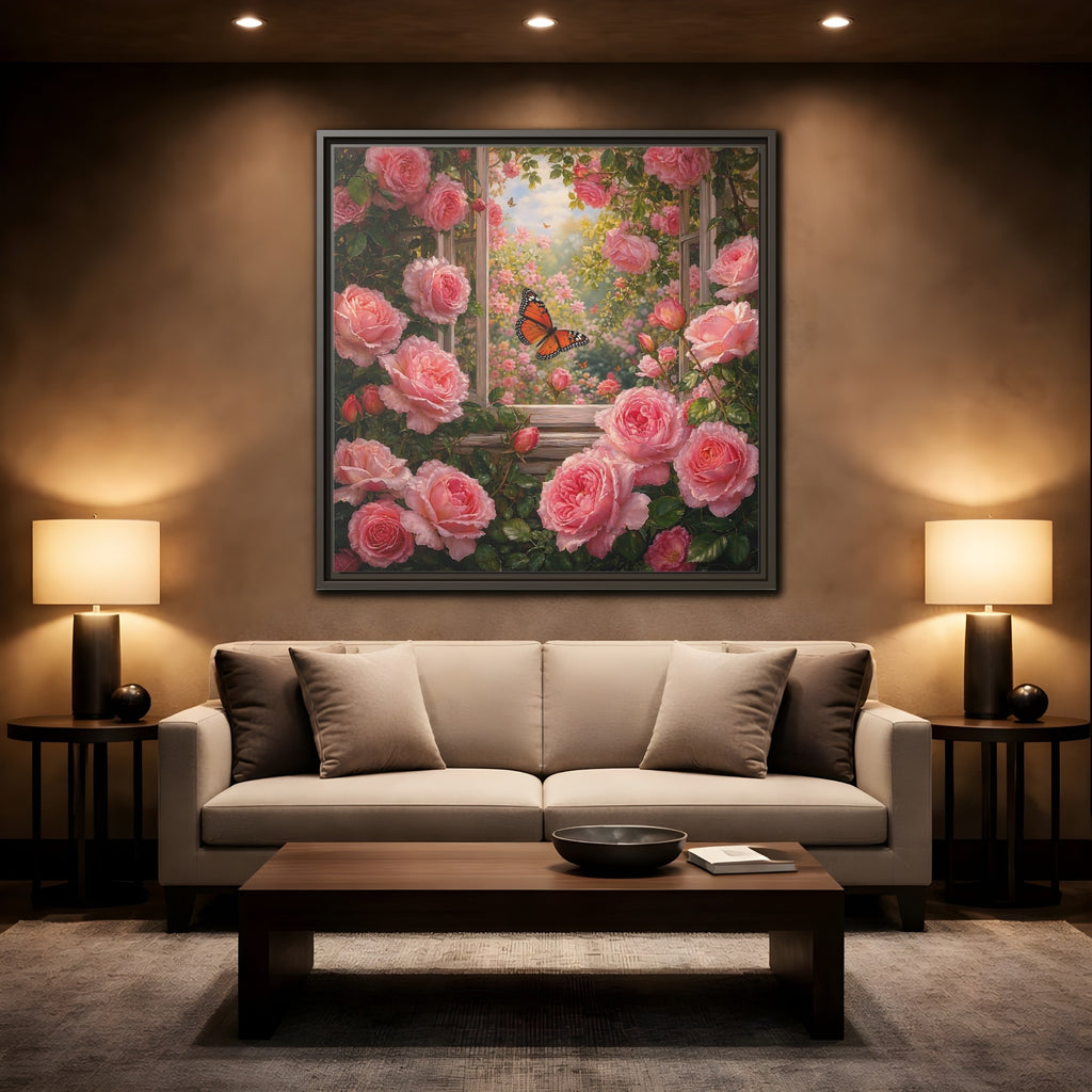 Mockup 2. Floral Pink Roses Pink Rose Garden shown as stretched canvas wall art