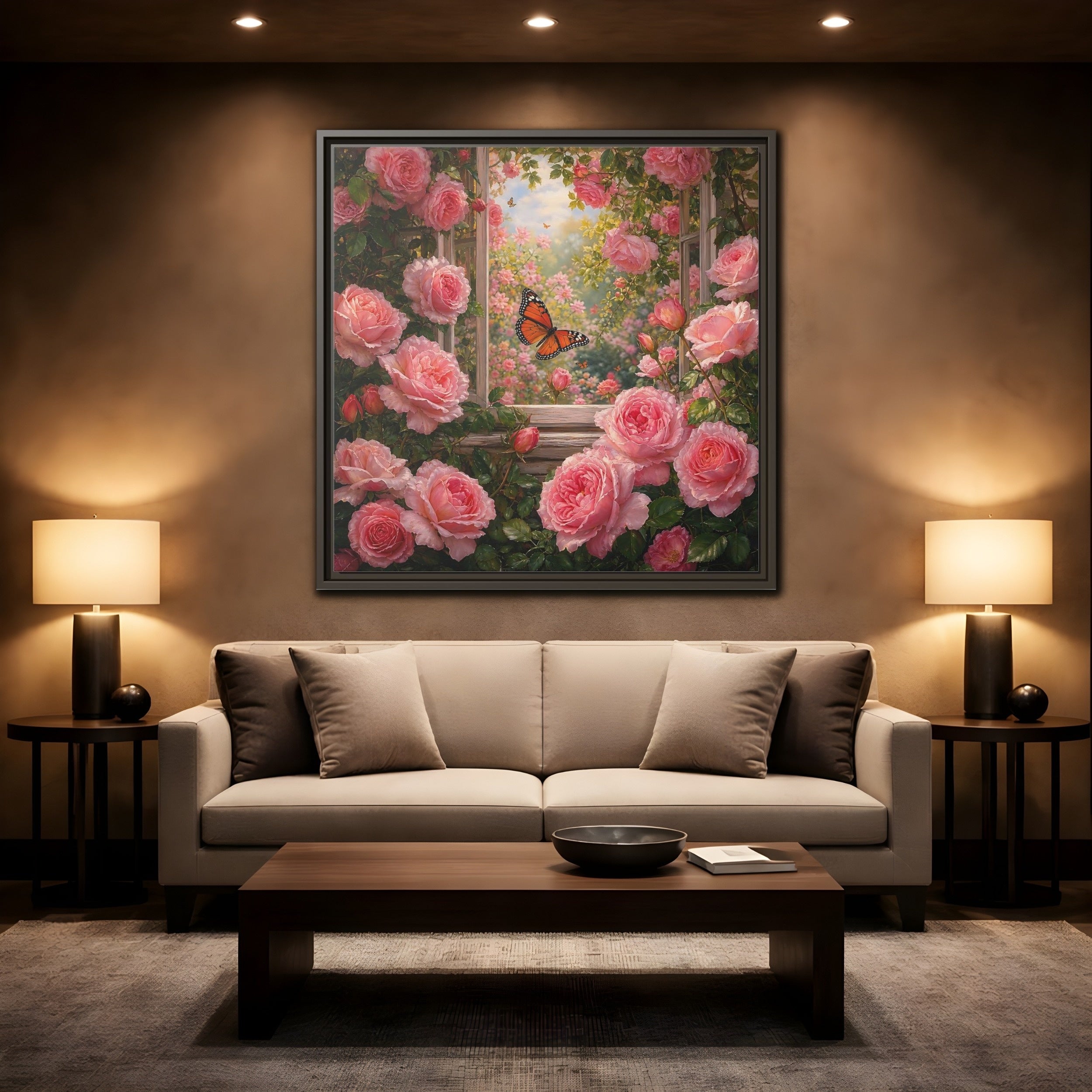 Mockup 2. Floral Pink Roses Pink Rose Garden shown as stretched canvas wall art